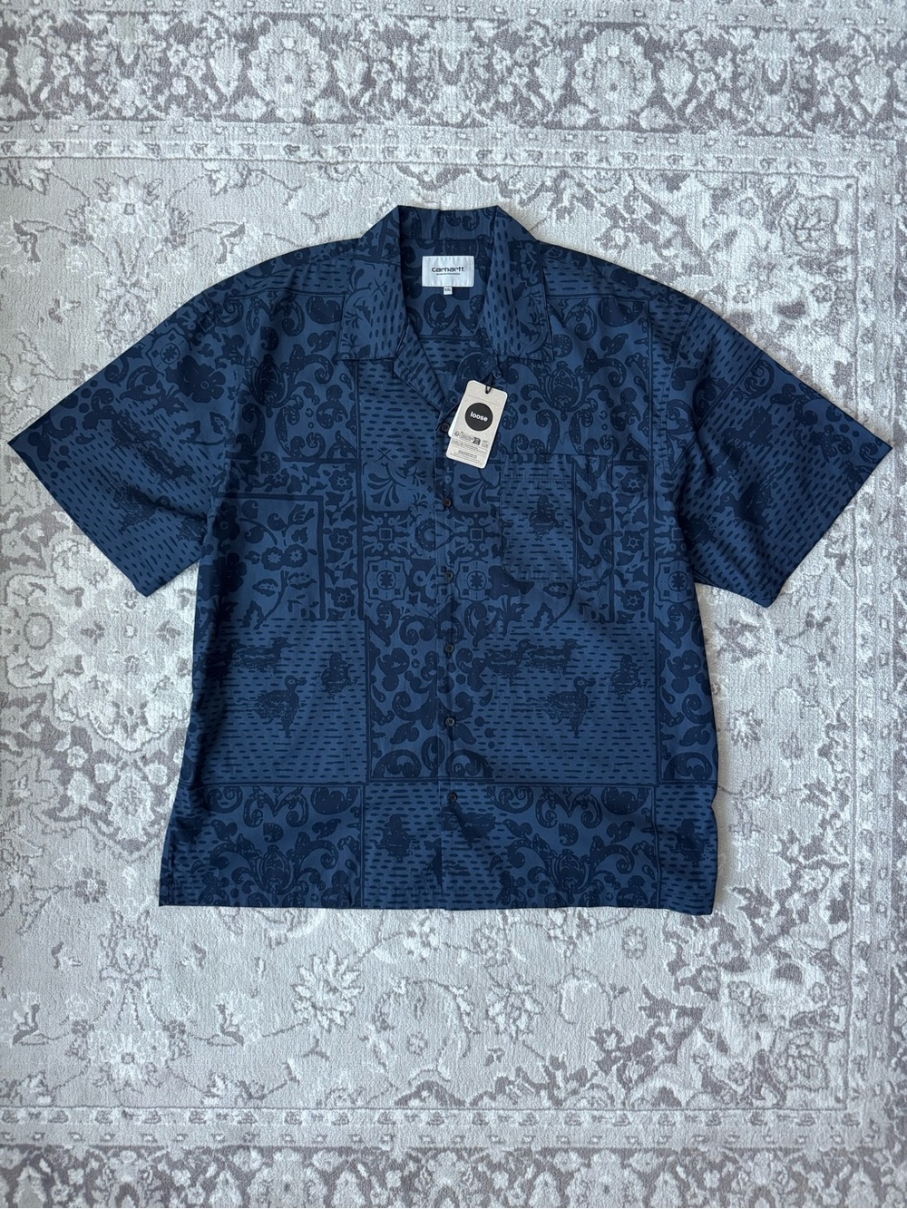 Carhartt Work In Progress Navy Blue Bandana Print Camp Collar Shirt Sleeve Shirt - Picture 2 of 8
